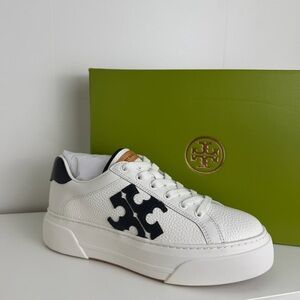 Tory Burch White and Navy Leather Sneakers